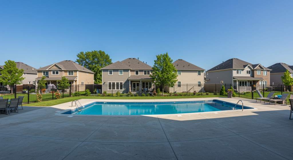 Modern backyard pool and concrete patio at a St Catharines ON home