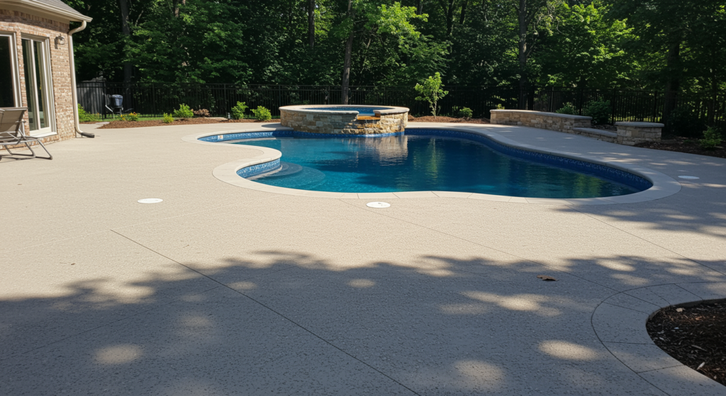 newly installed concrete pool deck with smooth finish surrounding a backyard swimming pool, highlighted by natural stone coping and landscaped greenery