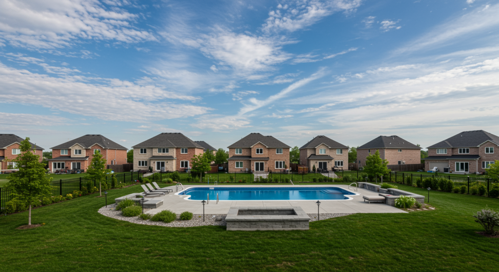 Wide view of a St Catharines Ontario backyard with a renovated inground pool, new concrete pool deck, and lush landscaping in a modern neighborhood.