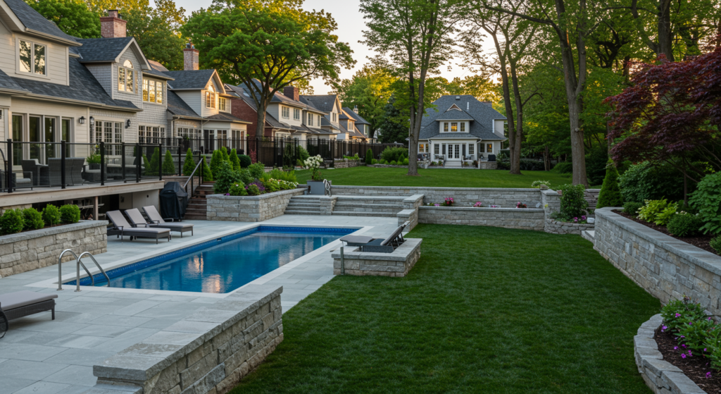 Elegant residential pool with pristine concrete deck and landscaped backyard in St Catharines, ON