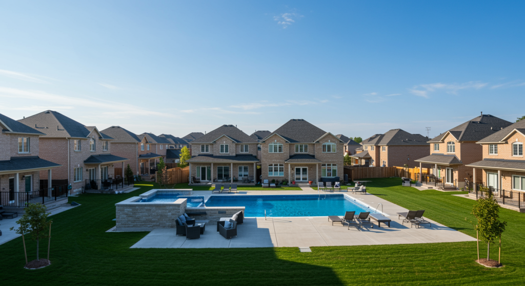 A panoramic view of a luxury residential neighborhood in St Catharines, ON, showcasing modern homes with pristine in-ground swimming pools and professionally finished concrete pool decks.