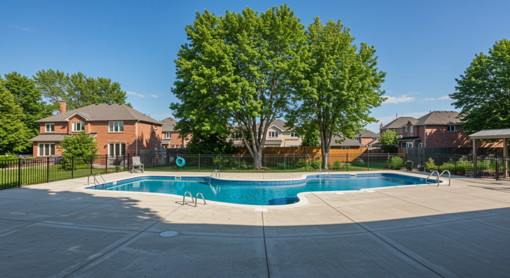 Modern St Catharines home with a pristine in-ground swimming pool and smooth concrete pool deck, surrounded by lush landscaping under a sunny sky