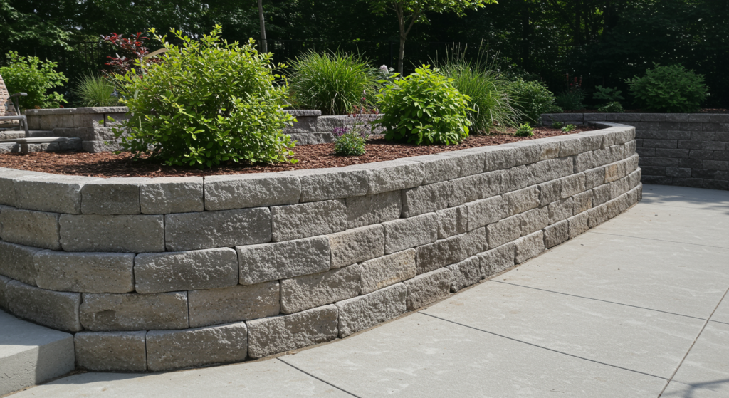 Elegant stone retaining wall and hardscaped concrete deck surrounding a modern swimming pool with landscaped greenery
