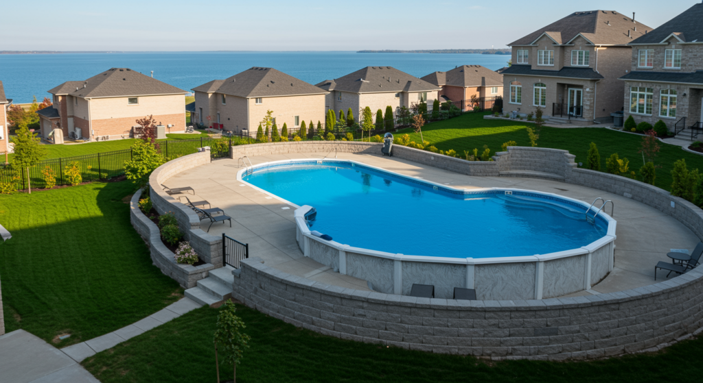 Beautiful in-ground pool with smooth concrete deck and elegant landscaping at a modern St Catharines, ON home