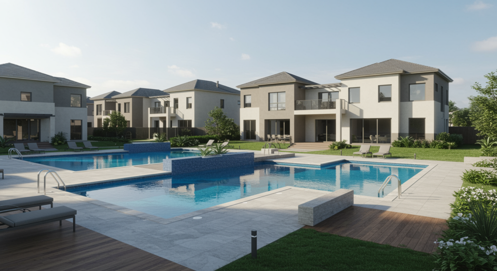 Beautiful residential neighborhood in St Catharines, ON featuring modern homes with pristine in-ground pools and smooth concrete decks